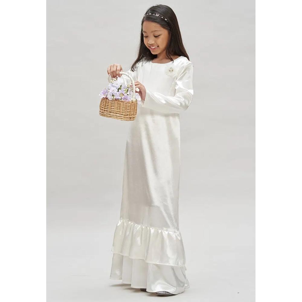 Платье OffWhite для девочки с цветочной брошью Baju Hari Raya 5