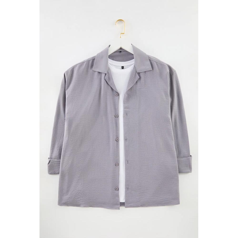 Светло-серая oversize летняя рубашка из льноподобной ткани, воротник Apache Tmnss23Go00053 8
