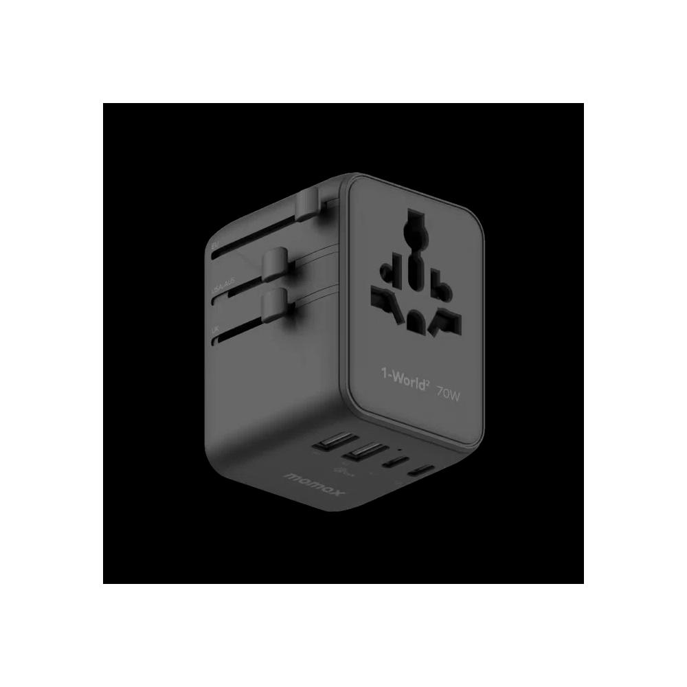Momax 1-WORLD² 70W адаптер с двумя розетками AC и пятью USB GaN для глобального использования - Черный 1