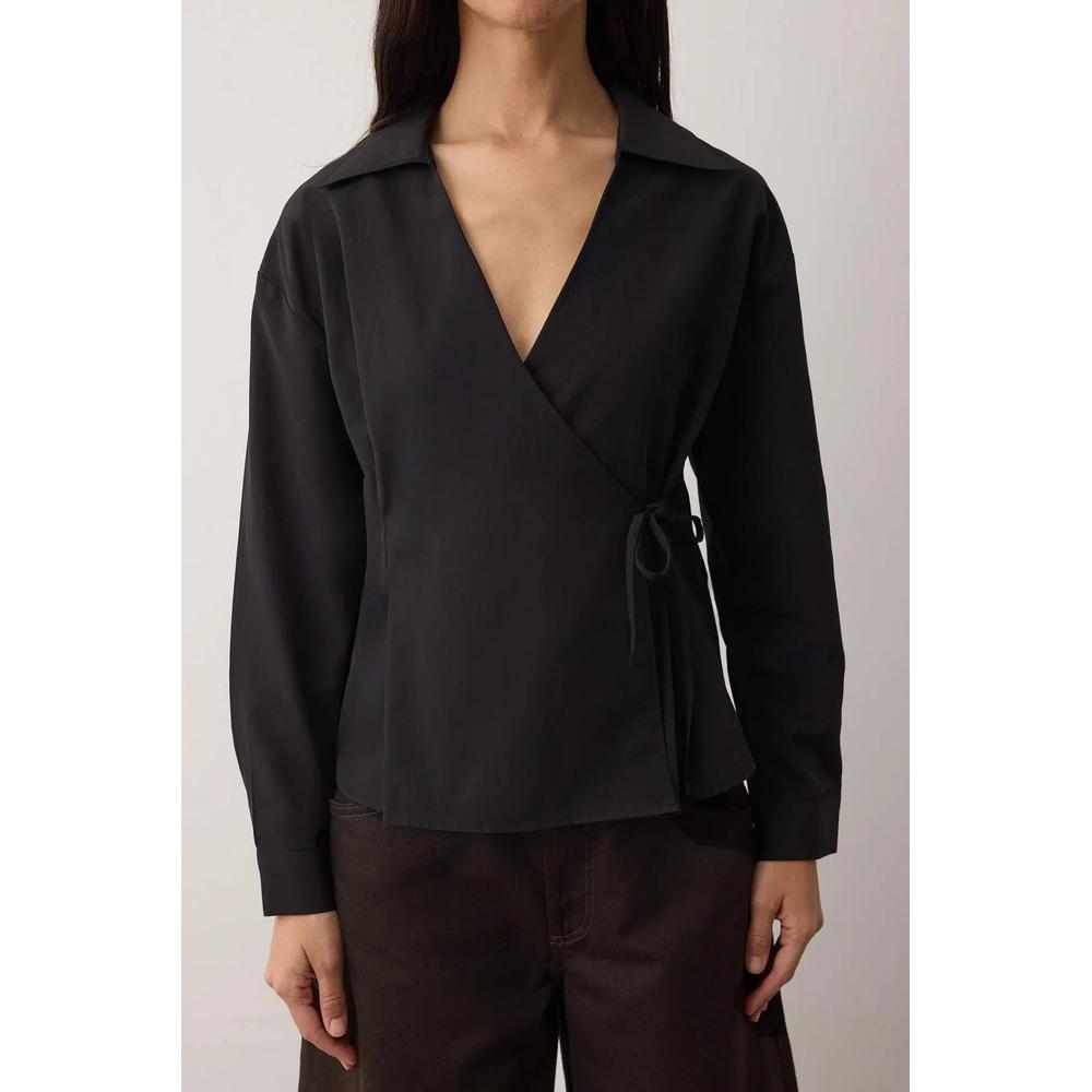 Черная двубортная рубашка с завязками Regular Fit из ткани Twoss25Go00029 5