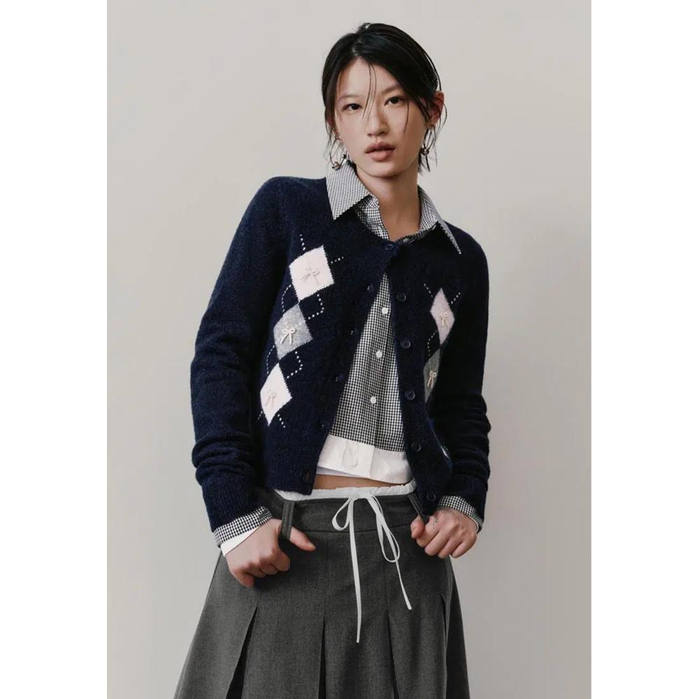 Кардиган Argyle Intarsia с бантом и накладкой в виде рубашки в клетку 1
