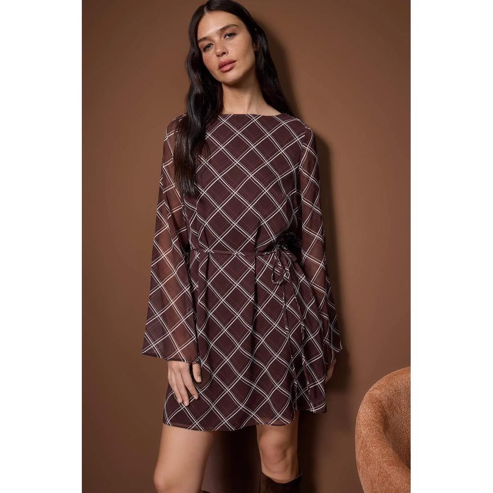 Платье Brown Plaid Check A-Line/ Bell Form Short / Mini Woven Chiffon 2