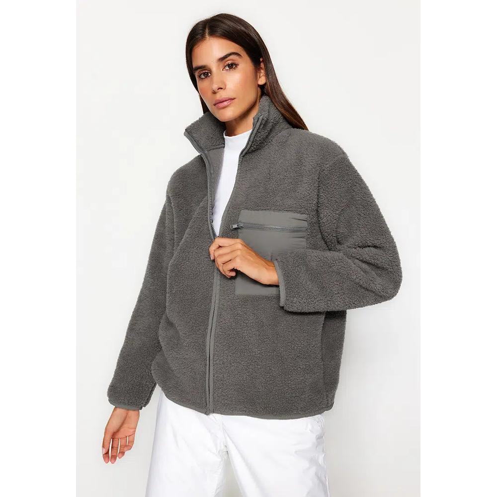 Winter Essentials Антрацитовый толстый флис на молнии, воротник-стойка, карманы, трикотажная толстовка Twoaw24Sw71 4