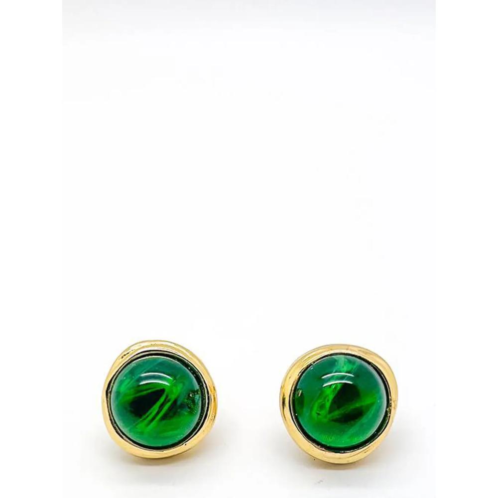 Vintage Christian Dior Flawed Emerald Glass Cabochon Earrings 1980s 2