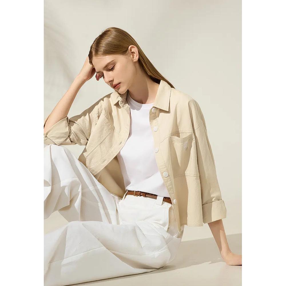 Однотонная Укороченная Рубашка с Вышитым Карманом [HE0089] 3