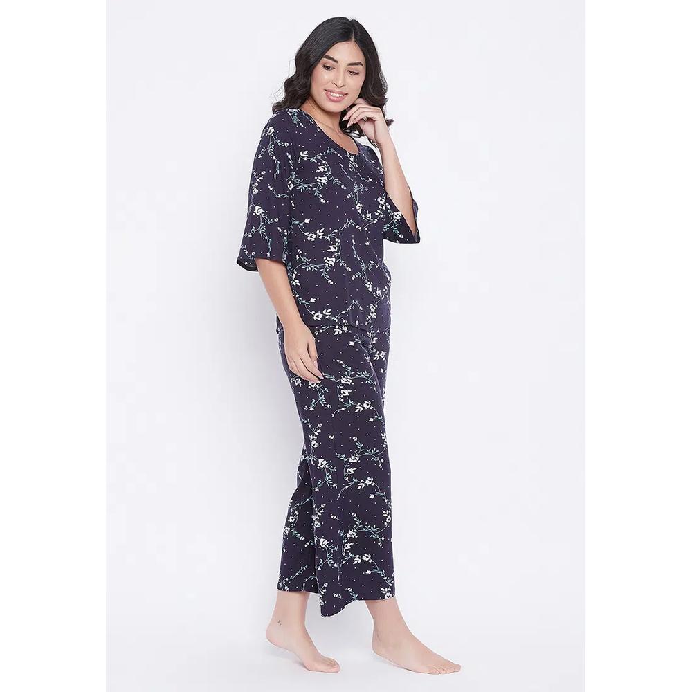 Clovia Pretty Florals Топ и пижамный комплект в синем цвете - Rayon 3