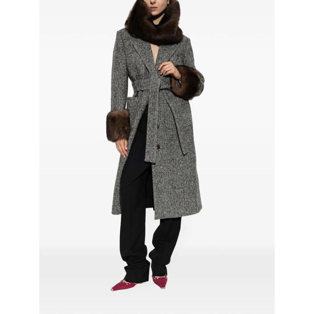 herringbone-pattern faux-fur-trim coat 2