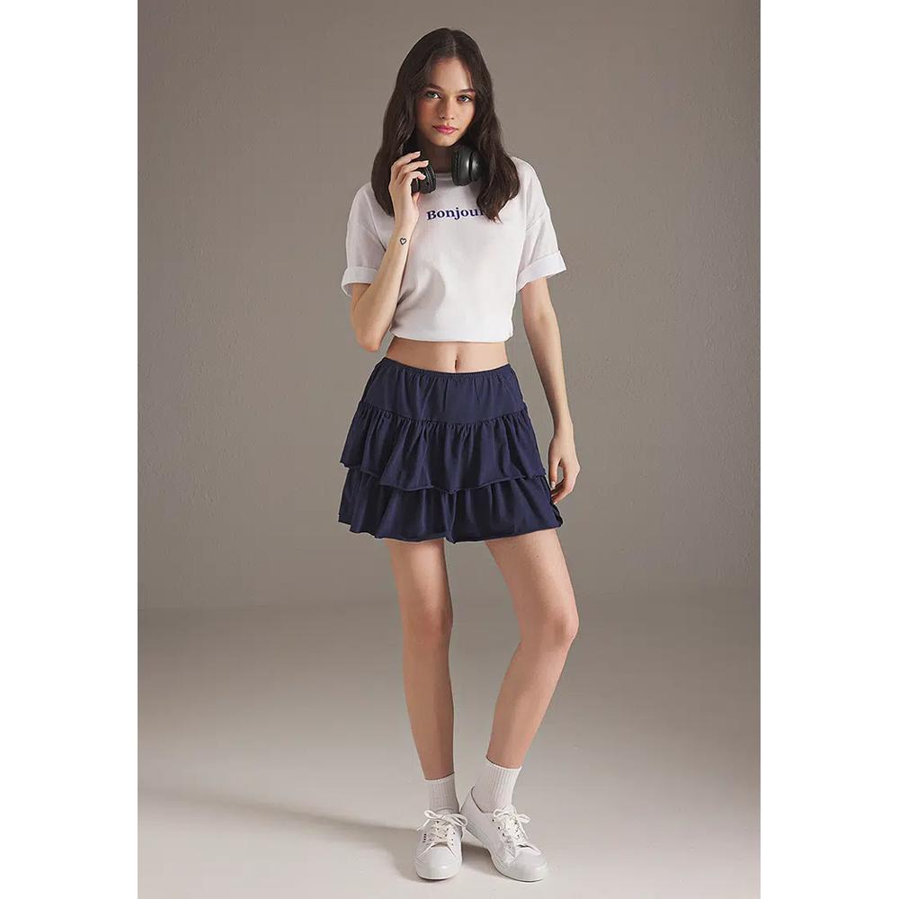 Темно-синяя мини-юбка с оборками на эластичном трикотаже TWOSS25ET00086 4