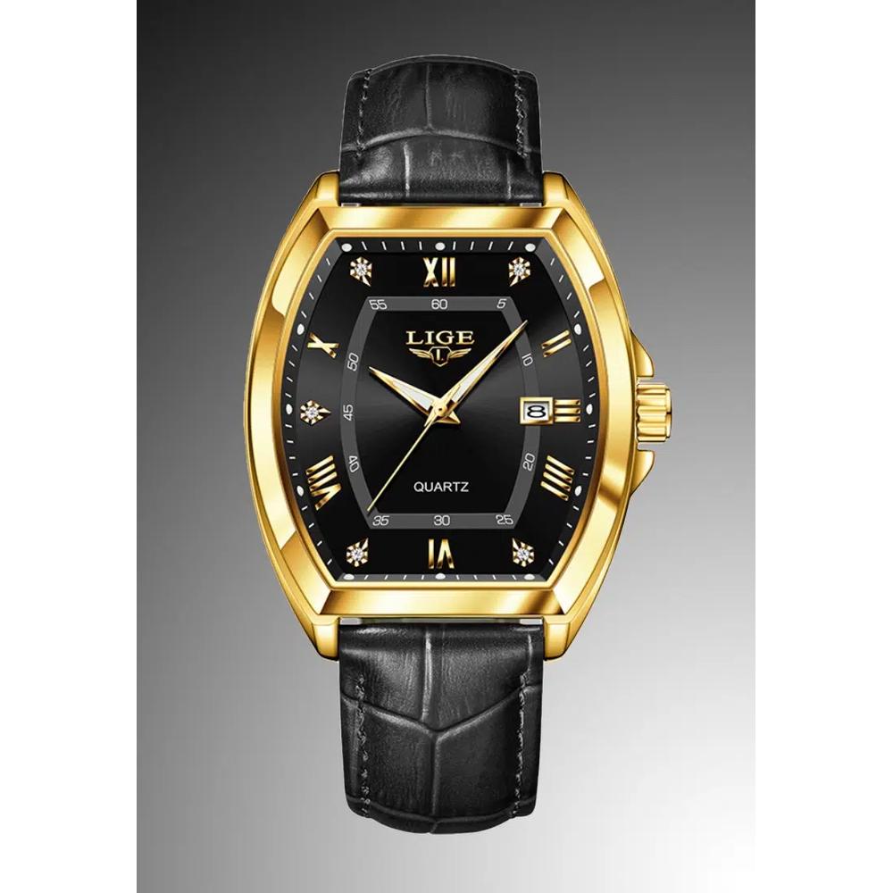 Элегантные часы унисекс Barrel Shape IP Gold Color & Stainless Steel Quartz, 40mm, кожаный ремешок 3