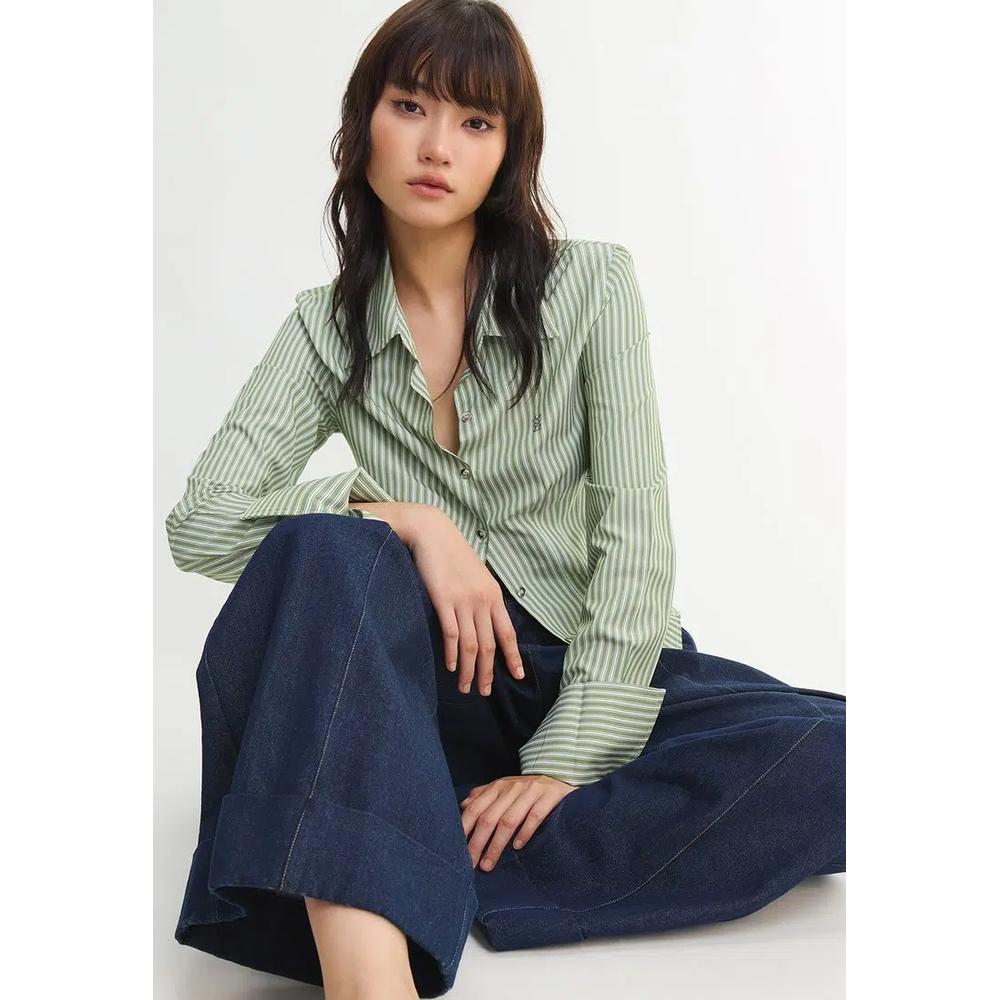 Полосатая рубашка с длинными манжетами - зеленый 1