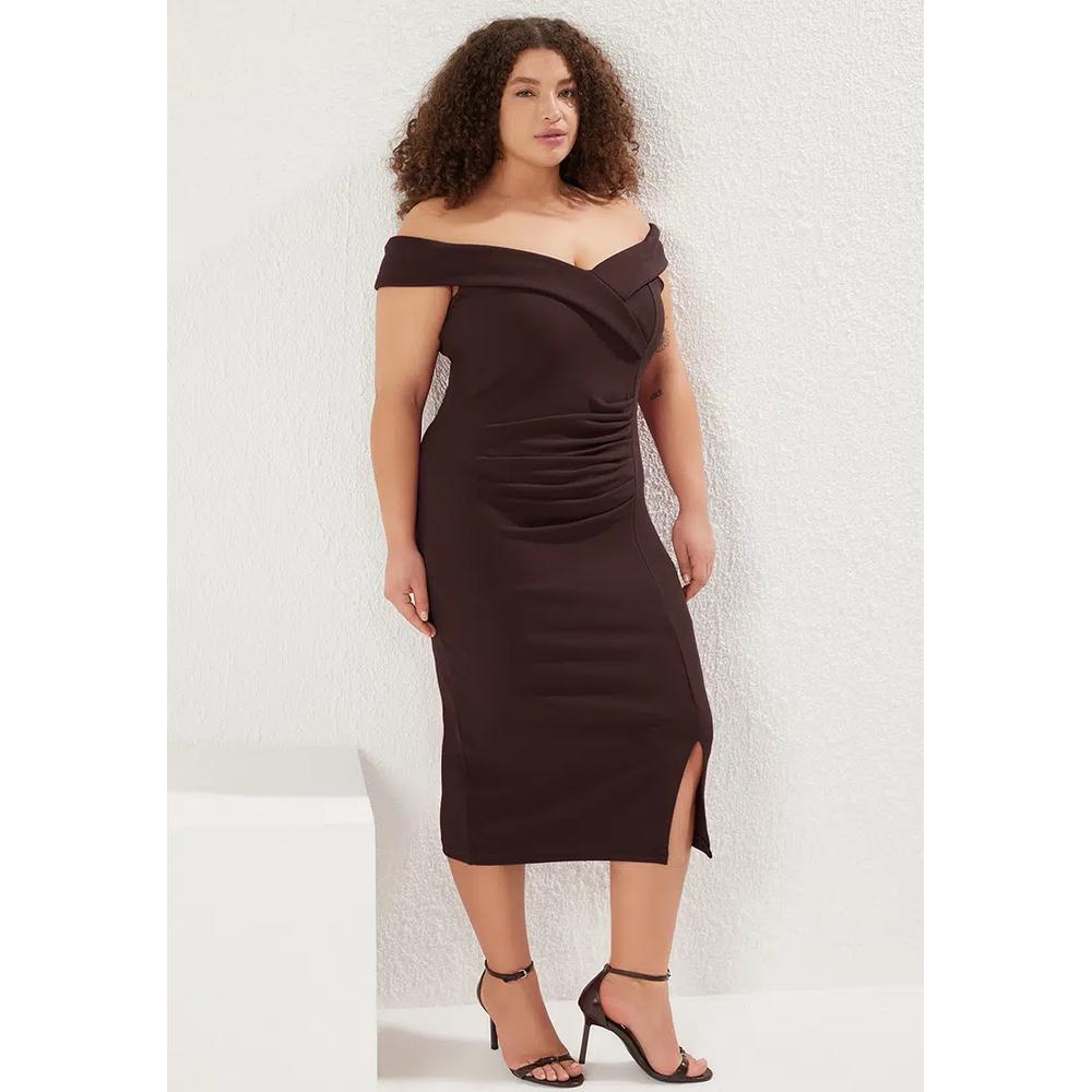 Коричневое облегающее вязаное платье plus size с защипами Tbbaw23Ah00185 2