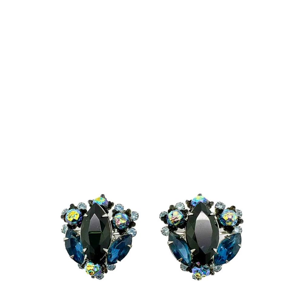 Vintage Judy Lea Black &amp; Navy Navette Earrings 1950s 1