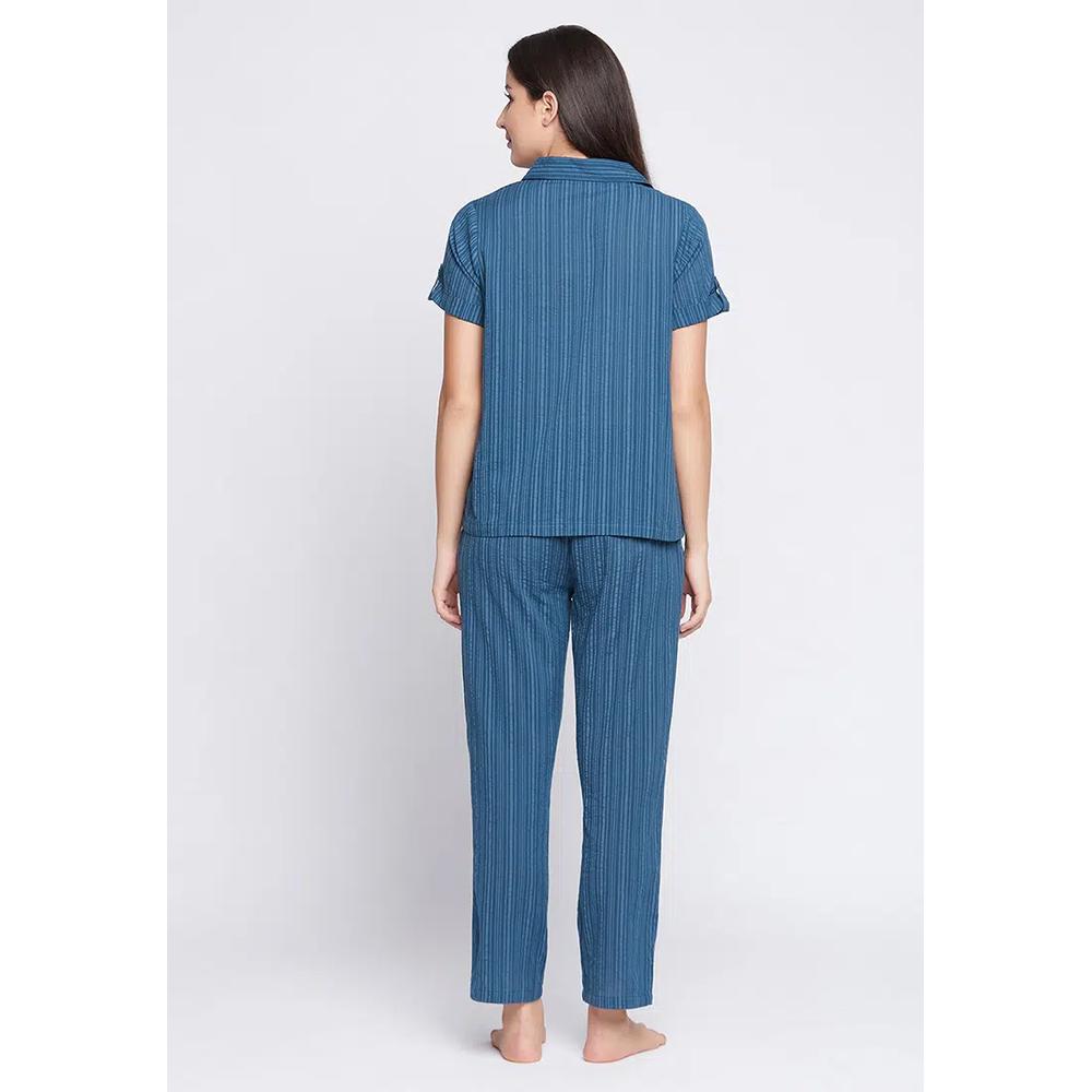 Clovia Sassy Stripes рубашка на пуговицах и пижама в темно-синем цвете - хлопок 4