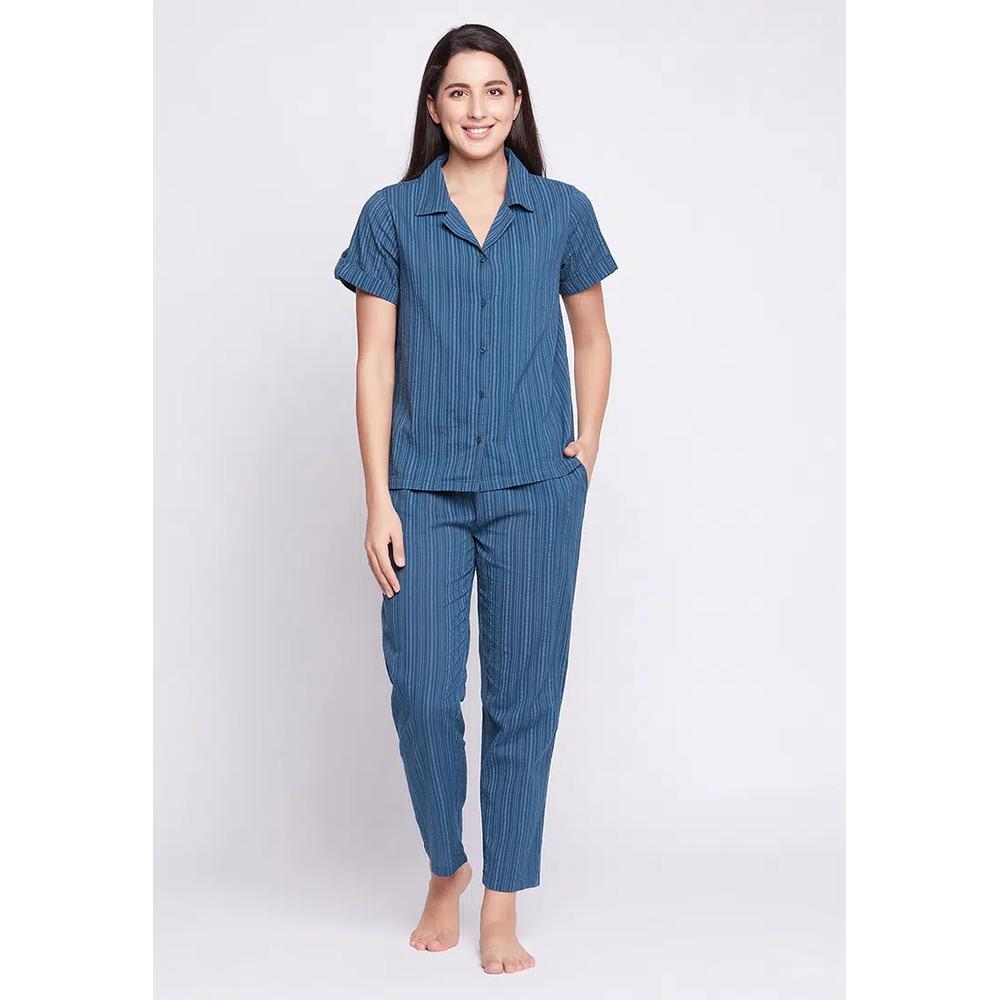 Clovia Sassy Stripes рубашка на пуговицах и пижама в темно-синем цвете - хлопок 1