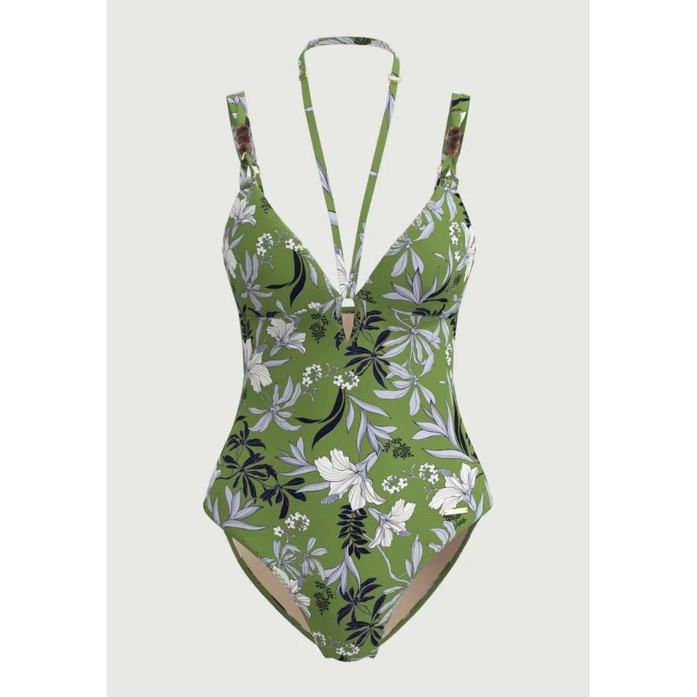 Цельный купальник с вырезами и двойными бретелями Wild Hibiscus Sea Green 2