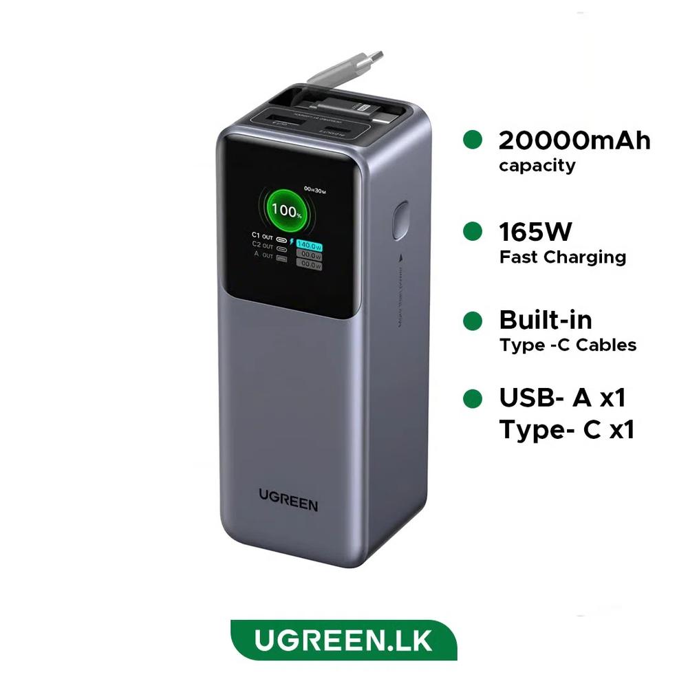 UGreen PB726 165 Вт 20000 мАч внешний аккумулятор с выдвижным кабелем, сертификация 3C 1