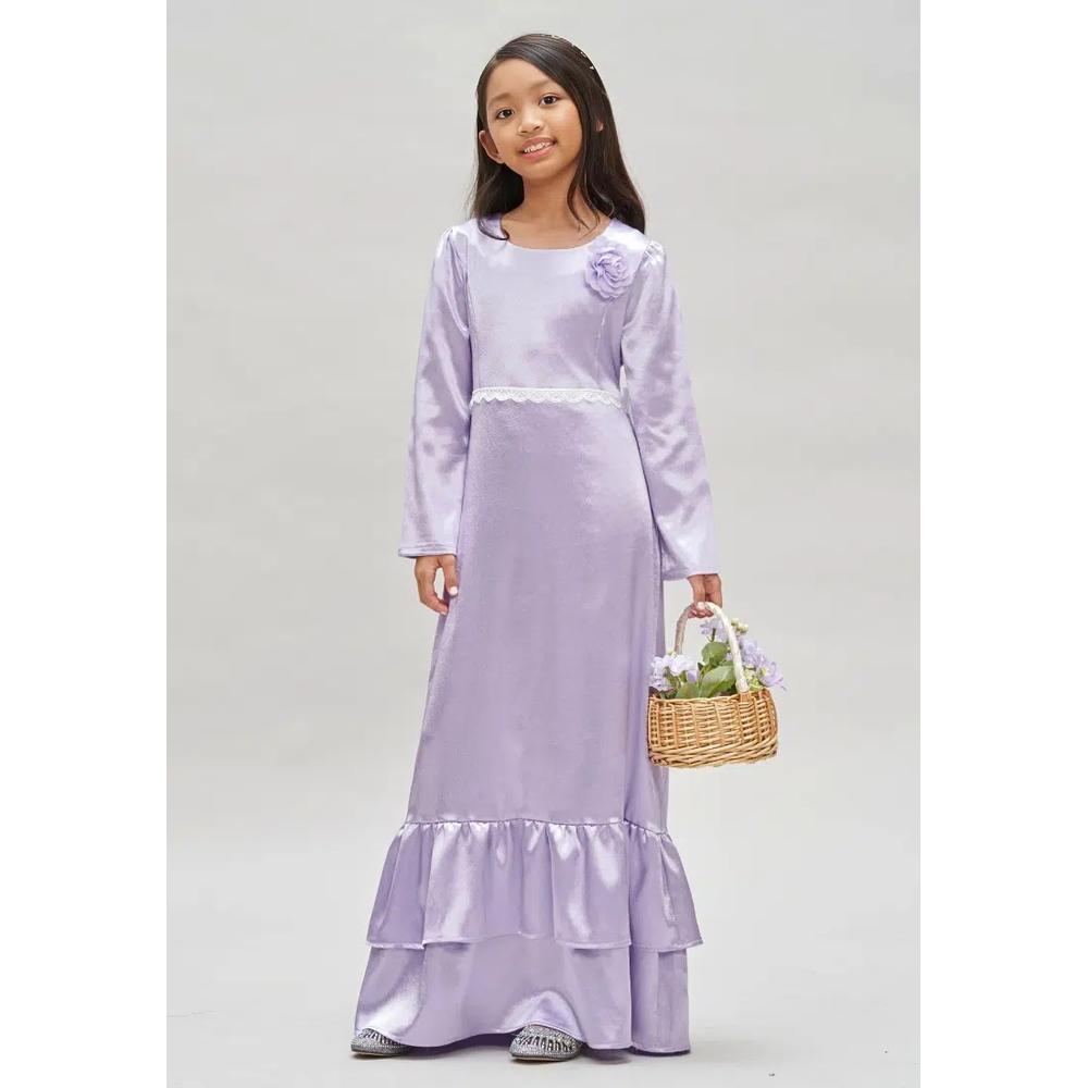 Платье для девочки сиреневого цвета с цветочной брошью Baju Hari Raya 5
