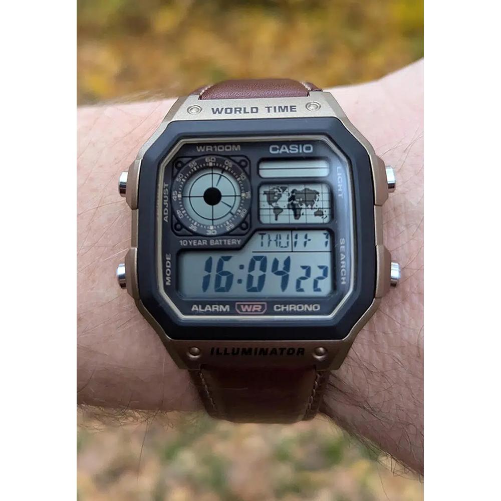 Мужские цифровые часы AE-1200WHL-5AV с коричневым кожаным ремешком 4