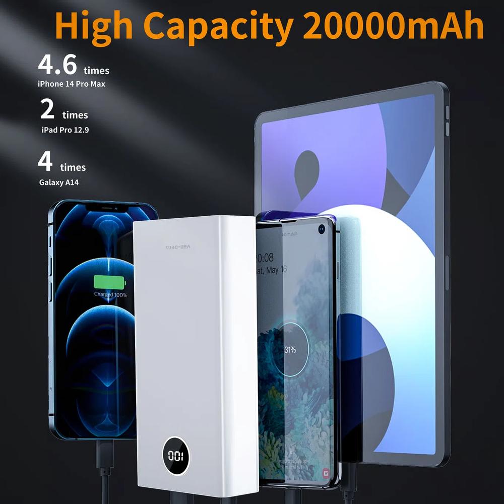 VEN-DENS PB019 18W PD 20000mAh внешнее зарядное устройство с двойным зарядным кабелем - White белый цвет 5