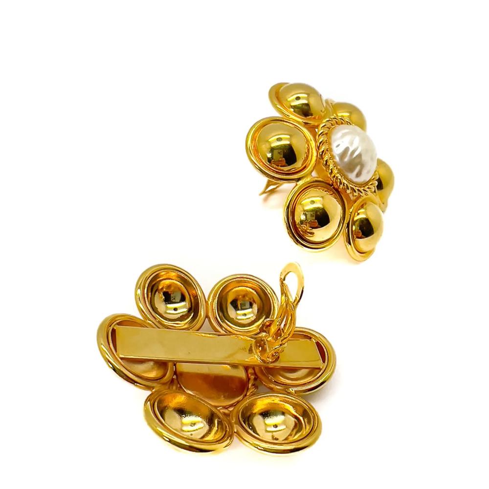 Vintage Statement Gold &amp; Pearl Flower Earrings 1960s 2