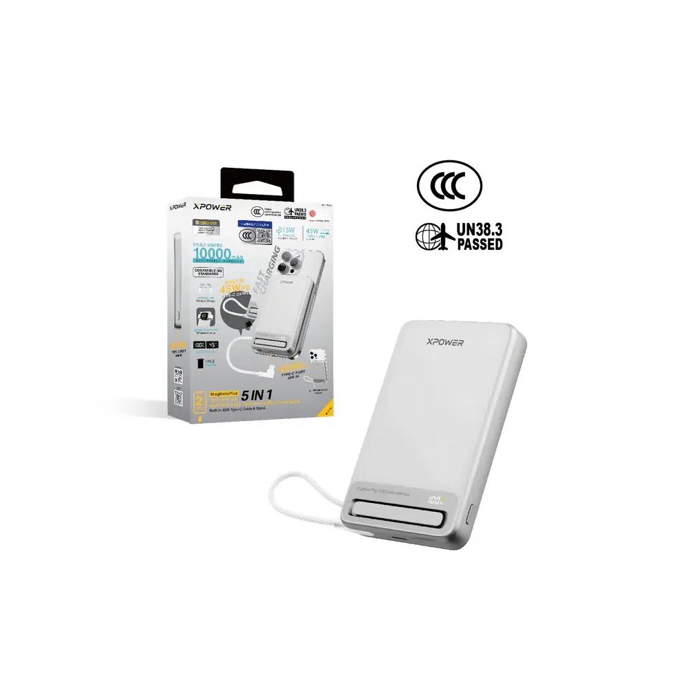 XPower MagNetoPlus Q10 Pro алюминиевый 10000mAh 45W PD3.0 держатель со встроенным кабелем, цифровой дисплей QI2 магнитный повербанк - серебристый 1