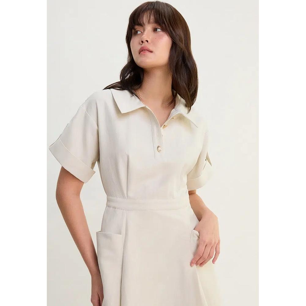 Платье миди с воротником на пуговицах - слоновая кость 6