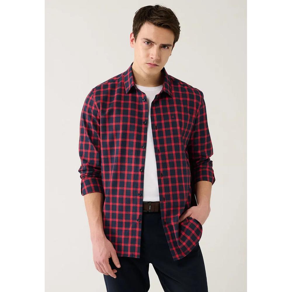 Мужская рубашка лесоруба Navy Blue-Red из хлопковой клетчатой фланели A32Y2158 4