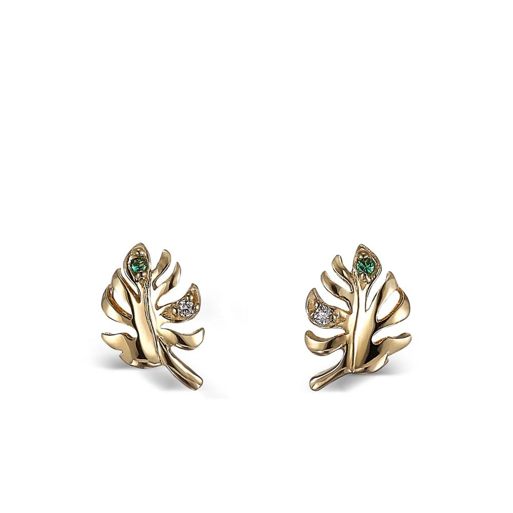 Серьги Palm из желтого золота с бриллиантами и изумрудами 1