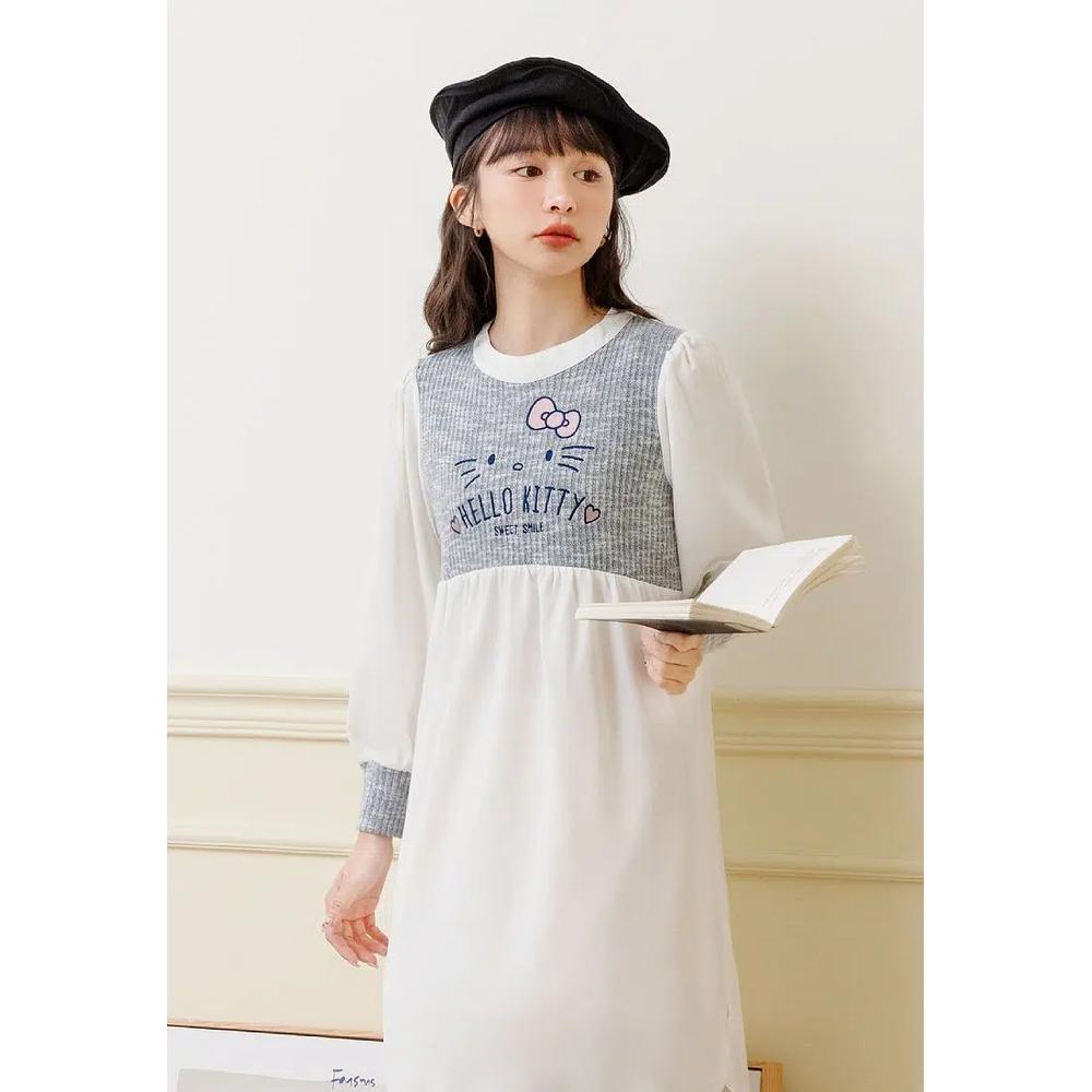 HELLO KITTY Пэчворк рифленое вышитое платье мини с перепадом длины [KB1395] 2