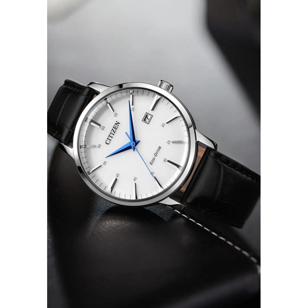 Citizen Eco-Drive Классические часы с белым циферблатом и черным ремешком из телячьей кожи BM7461-18A 6