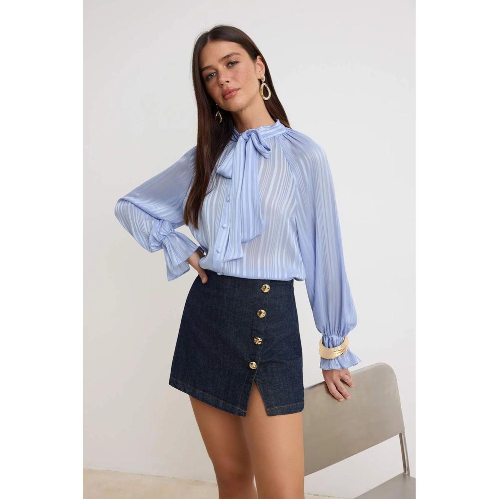 Синяя рубашка из ткани с отделкой шарфом Twoss26Go00020 2