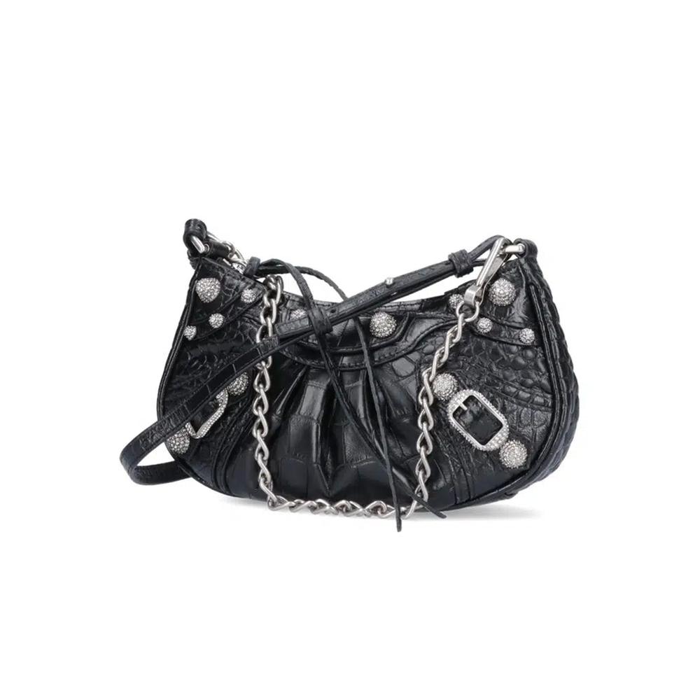 Цепь с тиснением под крокодила со стразами Le Cagole Mini Shoulder Bag в черном цвете 2