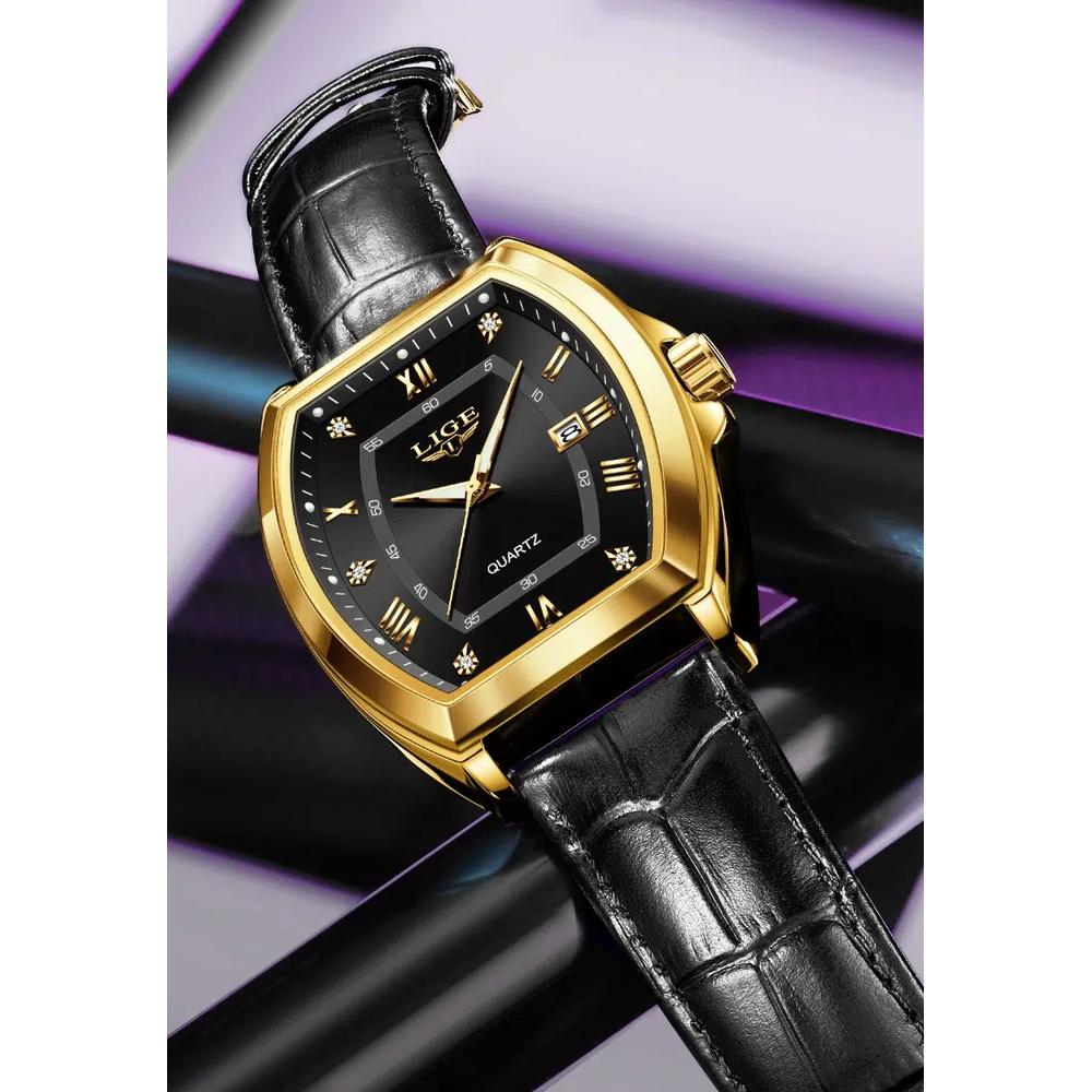 Элегантные часы унисекс Barrel Shape IP Gold Color & Stainless Steel Quartz, 40mm, кожаный ремешок 2