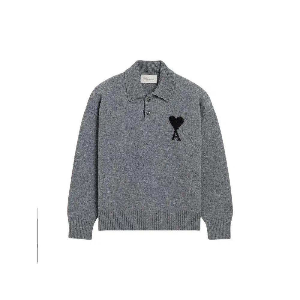 Свитера Ami Quota Polo Sweater With Contrasted De Coeur 'Gris Cendre Chine/Noir' 2