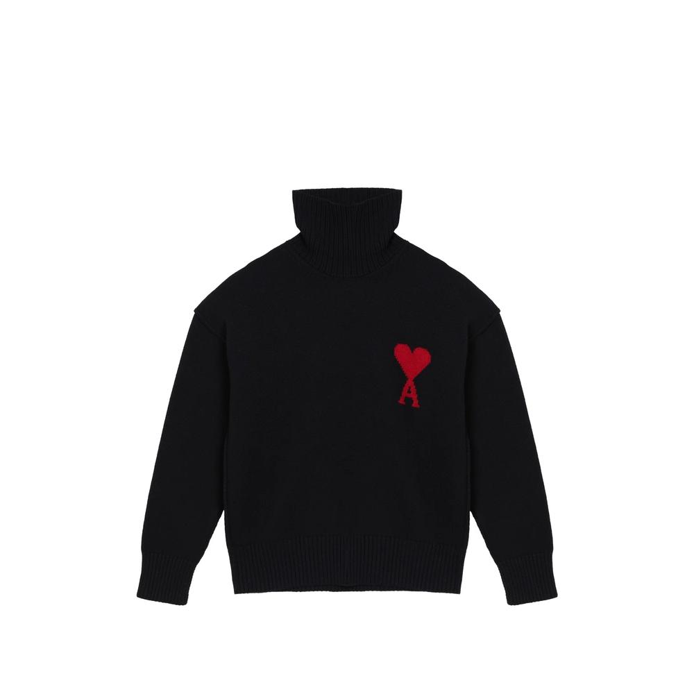 Black funell-neck wool sweater with Ami De Coeur 1