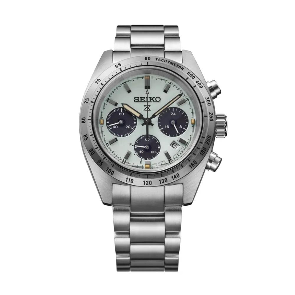 Seiko Prospex Speedtimer Солнечные хронографы с циферблатом цвета мяты, трехзвенным стальным браслетом SSC965P1 4