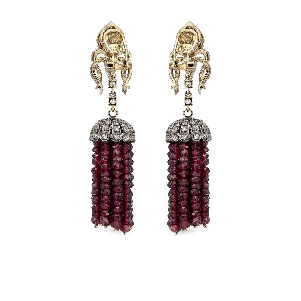 Серьги Tassel из желтого золота с бриллиантами и гранатом 2