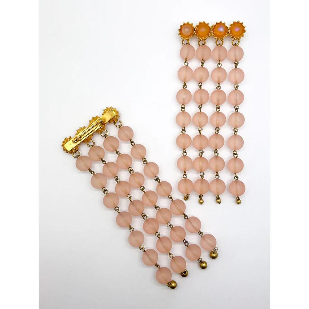 Vintage Pair of Long Pink Satin Bead Tassel Brooches 1960s 2