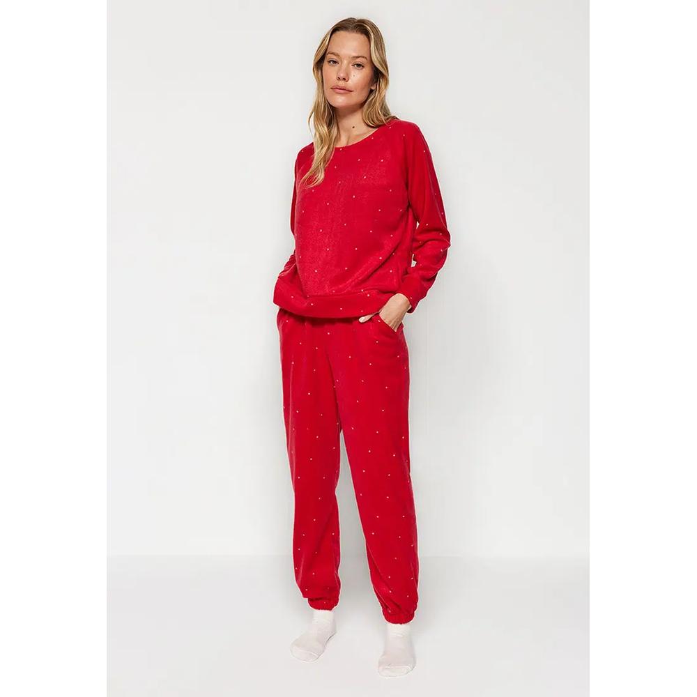 Красный пижамный комплект из флиса с горошком, зимний, трикотажный Thmaw24Pt00032 5