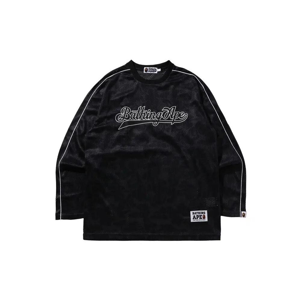 Футболка с длинным рукавом BAPE Camo Stripe Baseball Logo Relaxed Fit Long-Sleeve Tee 'Black' 1