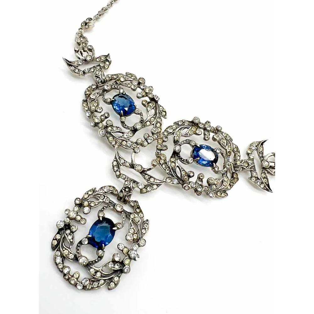 Vintage Castlecliffe Renaissance Sterling Silver &amp; Sapphire Paste Necklace 1940s 2