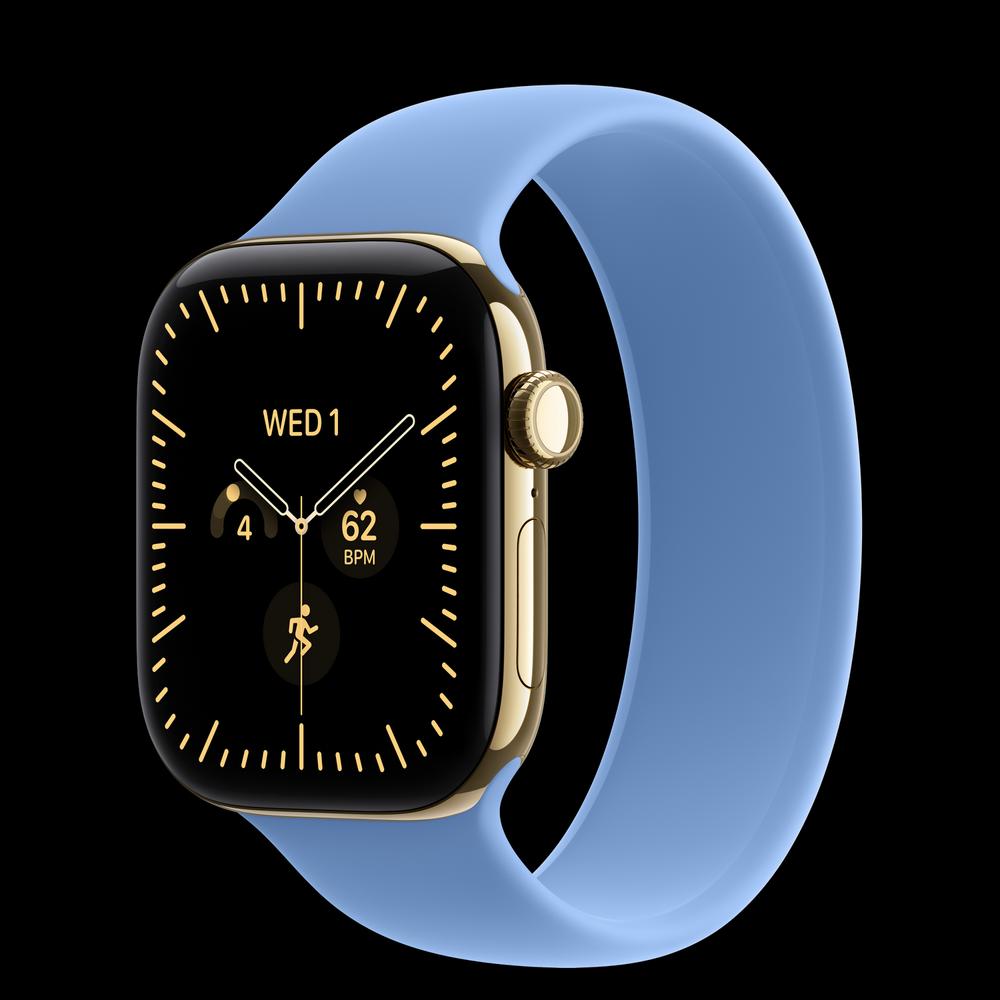 Apple Watch Series 12 42 мм, GPS + Cellular, титан, Radiant Gold, ремешок Wildflower Blue Solo Loop 1