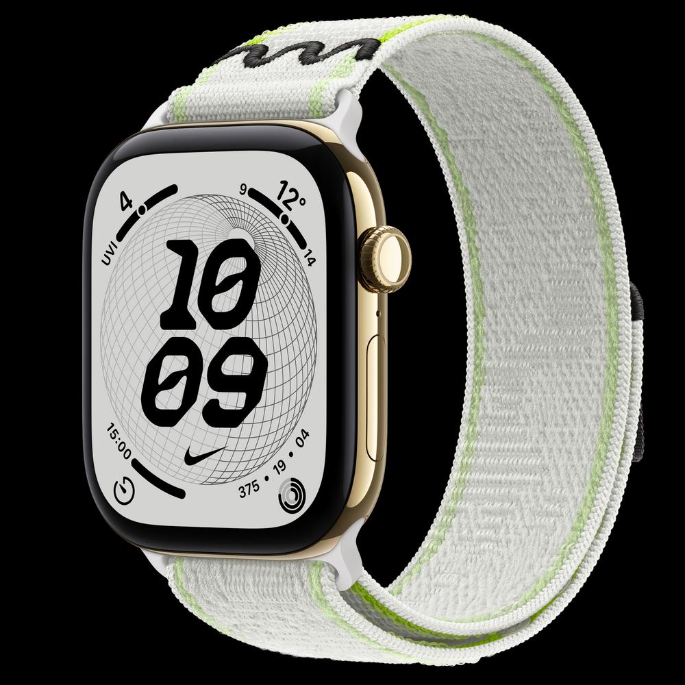 Apple Watch Series 12 46 мм, GPS + Cellular, титан, Radiant Gold, ремешок Essential White Nike Sport Loop 1