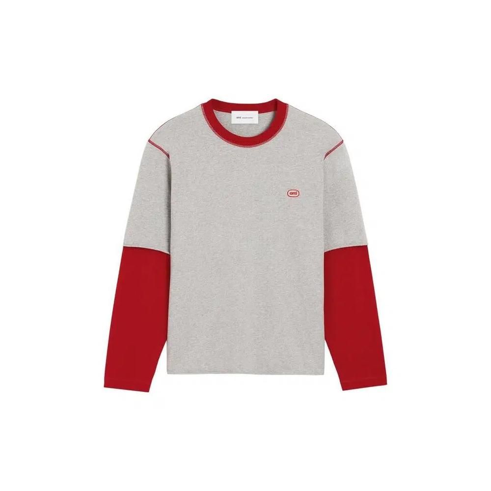 Футболки Ami Grey Double Sleeves Cotton T-Shirt With Ami Patch «Ash Gray Chine/Red» 1