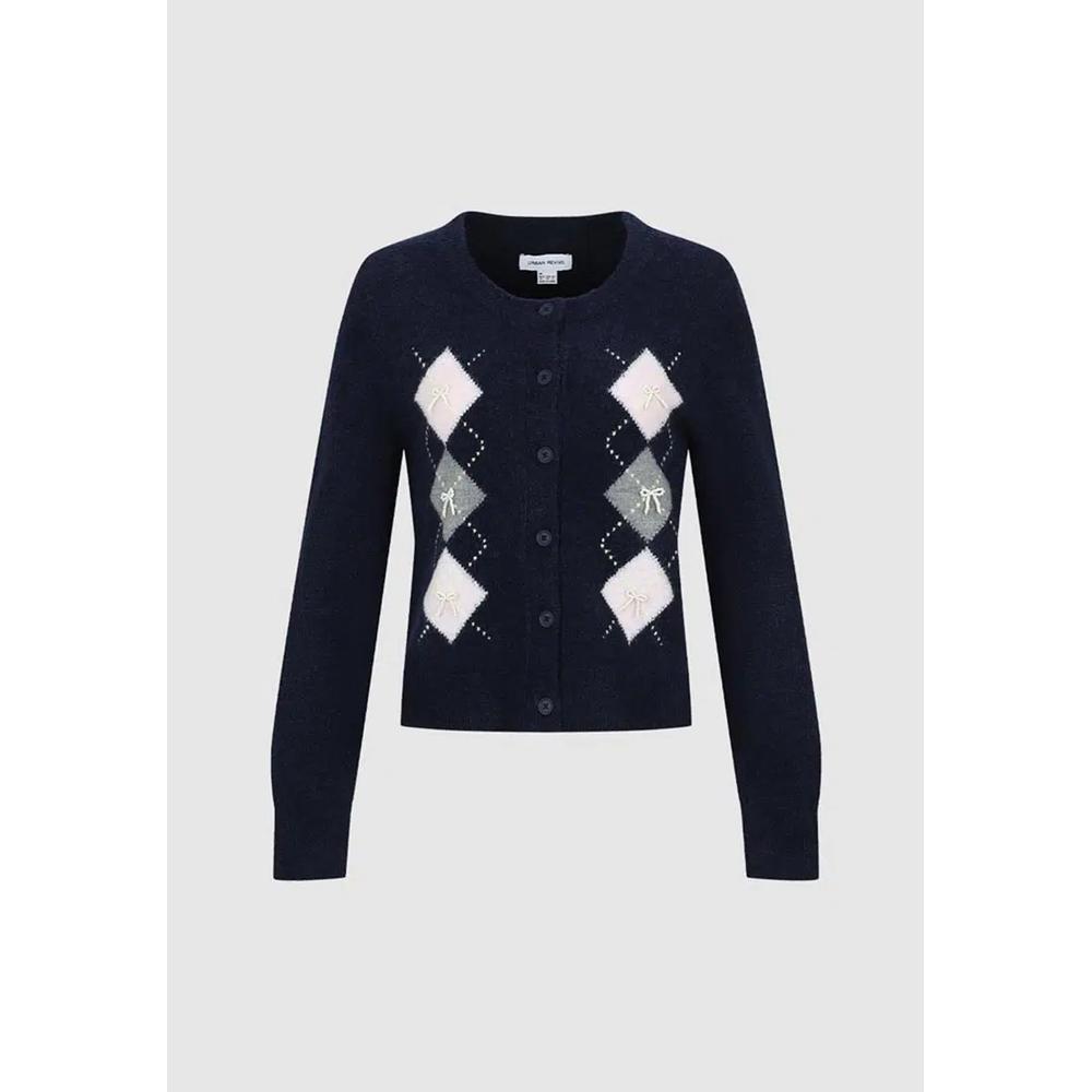 Кардиган Argyle Intarsia с бантом и накладкой в виде рубашки в клетку 7