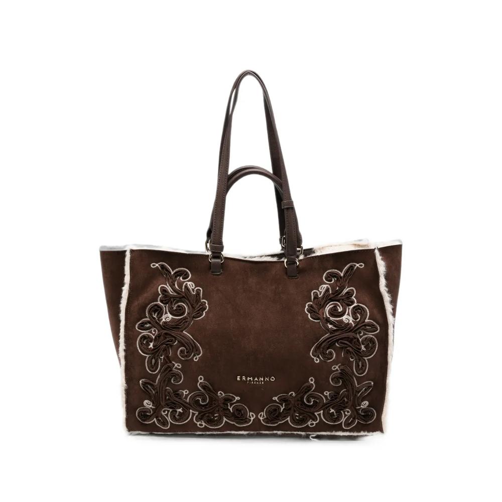 large shearling-trim embroidered tote bag 1