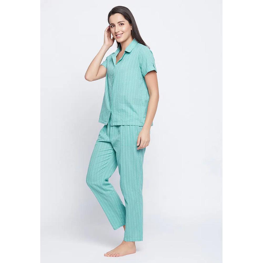 Clovia Sassy Stripes рубашка на пуговицах и пижама в цвете циан-блю - хлопок 2