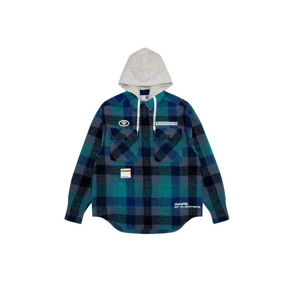 Овершоты AAPE Moonface Check-Panelled Куртка-рубашка с капюшоном 'Grey/Black' 1