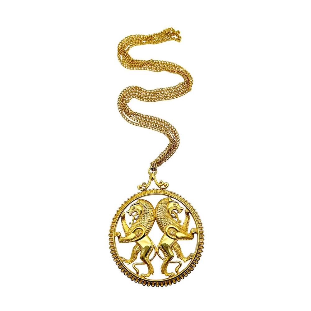 Vintage Statement Rampant Lions Medallion Necklace 1960s 1