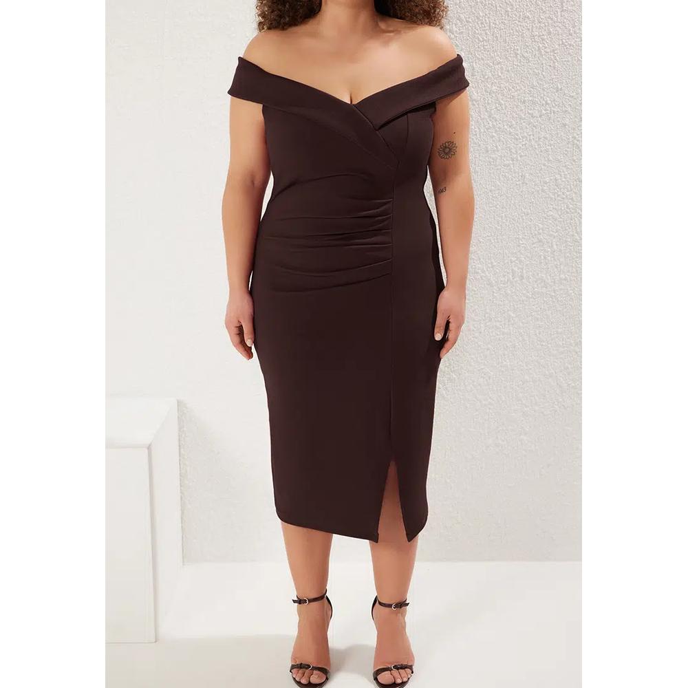 Коричневое облегающее вязаное платье plus size с защипами Tbbaw23Ah00185 3